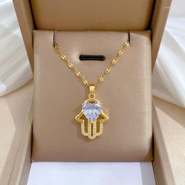 Pendant Necklaces 12pcs/lot Stainless Steel Gold Colour Zircon Fatima Hand Chain Necklace For Women Party Fashion Jewellery Gift Wholesale