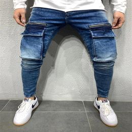 Men Stretchy Multi-pocket Skinny Jeans men pocket zipper pencil Pants fashion jeans Casual Trousers Hip hop sweatpants 220314206y