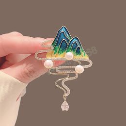 Chinese Style Brooch for Women Mountain Metal Lapel Pins with Tassel Elegent Pins Hanfu Suit Clothes Accessories