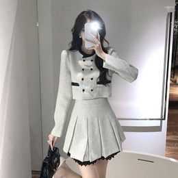 Work Dresses Fall Winter Tweed Crop Top Two Piece Set Women Double Breasted Jacket High Waist Mini Pleated Lace Trim Skirt Suits Streetwear