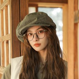 Berets Japanese Simple Washed Cotton Solid Colour Beret Women Spring and Summer Retro Literary Painter sboy Cloud Cap Gorras 230907
