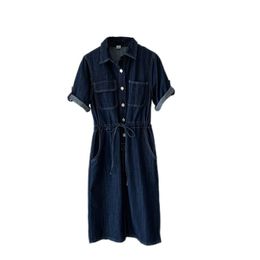 Denim Dress Summer New Polo Collar Drawstring Cinched Slimming Short Sleeves Dark Blue Midi Dress