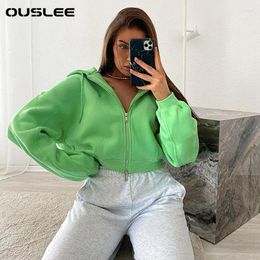 Women's Hoodies OUSLEE Women Autumn Winter Green Long Sleeve Streetwear Zipper Sweatshirt Coats Loose Oversized Crop Top Short Jackets