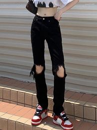 Women's Jeans Fashion Ripped Straight For Women High Waist Hole Denim Trousers Female Vintage Streetwear Black Wide Leg
