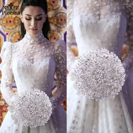 Wedding Flowers Romantic Elegant Custom Ivory Bridal Bouquets Stunning Pearls Beaded Crystal Brooch Stitch Sparkling