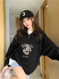 Deeptown Kpop Cartoon Print Black Sweatshirts Women Harajuku Preppy Style Polo Collar Oversize Hoodies Cotton Long Sleeve Tops