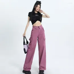 Women's Pants American Overalls Trousers Women Summer Wide Leg Casual Thin Straight Loose High Waist Slim Cargo Bottoms Pockets Purple