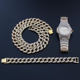 Necklace Watch Bracelet Hip Hop Cuban Chain Alloy Gold Colour Iced Out Paved Rhinestones CZ Bling Rapper Wedding Jewellery For Men Ch313j