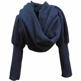 Scarves Fashion Winter Warm Solid Colour Knitted Wrap Scarf Crochet Thick Shawl Cape with Sleeve for Women and Men Scarf with Leeves 230907