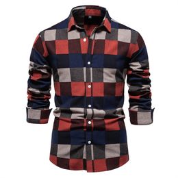 Men's Casual Shirts 2023 Autumn Plaid Shirt For Men 100 Cotton Long Sleeve Solid Colour Turndown Collar Blouse Social Mens Designer Clothes 230907