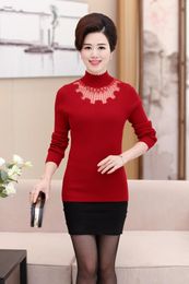 Women's Sweaters Spring Autumn Lace Knit Turtleneck Elastic Sweater Female Middle Age Mother Embroidery High Collar Knitted Tops
