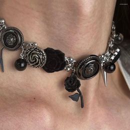 Choker Original Thorn Rose Vintage Punk Velvet Flower Titanium Steel Buttons Collar Bone Chains Necklace For Women Party Jewelry