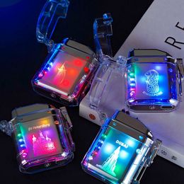 New Smoking Colorful Transparent Skin Zinc Alloy Lighters Dry Herb Tobacco Cigarette Holder Portable LED Lamp Pattern USB Charge Dual ARC Lighter