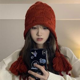 Berets Christmas Women Autumn Winter Crochet Hat Ears Warm Red Beanies Female Cap Earflap