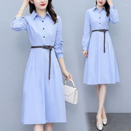 Casual Dresses Classic Lapel Collar Blue Colour Shirt For Women 2023 Spring Autumn Office Ladies Long Sleeve Elegant Slim Dress