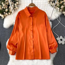 Women's Blouses Chic Shirts For Women Solid Long Sleeve Button Autumn Oversize Blouse Korean Style Turn-down Collar Camisas Satin Drop