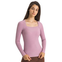 L-203 Ribbed Long Sleeve Shirt Tight Fit Elastic Yoga T Shirts Fitness Sports Tops Stretchy Skin-Friendly T-Shirt Women Top for On2863