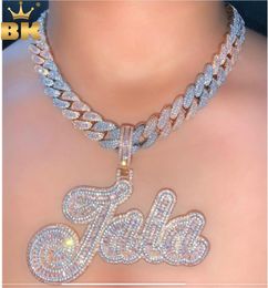 Charms THE BLING KING Custom Baguettecz Letter Pendant Iced Out Bling CZ With 15mm Miami Cuban Chain Necklace Charm Hiphop Jewellery 230908