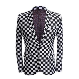 Men Suit Black White Plaid Print 2 Pieces Wedding Groom Fashion Checkerboard Jacket Stage Singer Host Dancer Slim Fit Costume Part330c