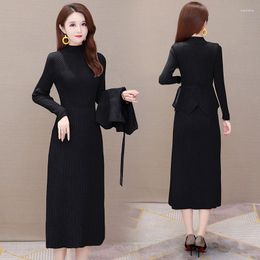 Work Dresses Ladies Elegant Knitted Two Piece Dress Set Female Fall Fashion Turtleneck Sweater And V Neck Knit Vest Woman Suit G420