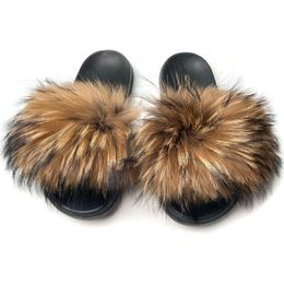 Slippers Summer Fur Slippers Female Fashion Flat Wild Red Women Real Shoes Fluffy Sandals Flip Flops Brand Luxury 230907