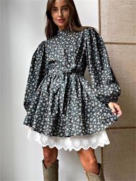 Casual Dresses Tossy Patchwork Printed Lace-Up Mini Dress Women Fashion Elegant Slim Party Gown V-Neck High Waist Bandage Female