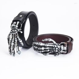 Belts Western Men's Belt Leather Big Buckle Rider Metal Skull Hand Bone Claw Ghost Hip Hop Rock Style Waistband