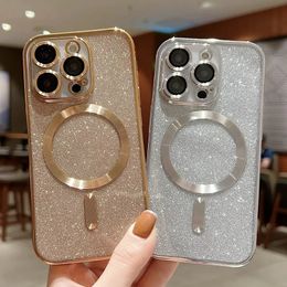Luxury Electroplate Shiny For Magsafe Magnetic TPU CellPhone Case For iPhone 15 Pro 14 13 12 11 Pro Max Plus Clear Anti-drop Soft Cover With Lens Protector