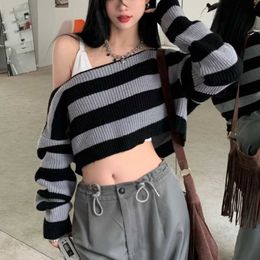 Deeptown Grunge Y2k Striped Sweater Women Korean Style Vintage Off Shoulder Crop Top Kpop Hippie Oversize Long Sleeve Top Female