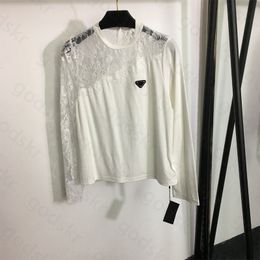 Triangle Women Lace Blouse Lace Patchwork Long Sleeve T Shirt Sexy Loose Round Neck Pullover Tops