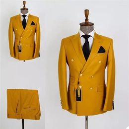 Men's Suits Arrival Yellow Double Breastet Men Costume Homme Wedding Tuxedo Terno Masculino Prom Groom 2 Pcs Slim Fit Blazer306v