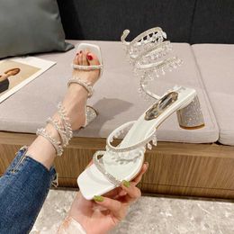 Summer Luxury Women's Sandals For Weddings Bride Shoe Golden Sandal Rhinestone Snake Wrap High Heel Birthday Party Shoes 230807