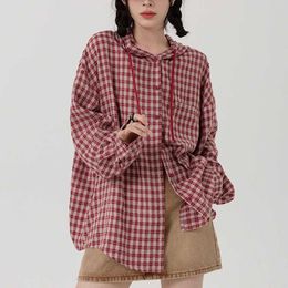 Deeptown Vintage Red Cheque Shirts Women Korean Style Oversize Plaid Blouse Hippie Harajuku Streetwear Long Sleeve Top Button Up