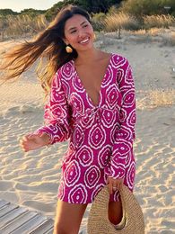 Casual Dresses Short For Women 2023 Plunging V Neck Tie Wide Long Sleeve Mini Dress Boho Vintage Geometric Print Beach Vacation