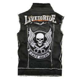 Men's Vests Fashion Streetwear Men Vest Black Punk Style Skull Embroidery Designer Sleeveless Denim Biker Jackets Patch Hip Hop 230908