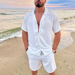 Men's Tracksuits Summer Men Beach Shirt Board Shorts Set Solid White Linen Shirt Button-up Tops Bottom Tracksuit Clothing 230907
