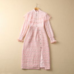 2023 Pink / Blue Panelled Tweed Split Dress Long Sleeve Stand Collar Buttons Midi Casual Dresses S3F131623 Plus Size XXL