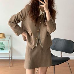 Two Piece Dress Lnsozkdg Blazer Skirt Set Ladies Korean Autumn Retro O-neck Metal Single Breasted Jacket High Waist Suit Women