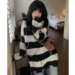 Deeptown Grunge Y2k Vintage Striped Sweater Women Harajuku Fashion Hole Irregular Oversize Jumper Streetwear Hippie Knitted Top