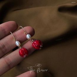 Dangle Earrings Red Vine Flower - Retro French Freshwater Pearl Female Japanese And Korean Handmade Design Glass