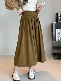 Skirts TIGENA Long Corduroy Skirt For Women 2023 Autumn Winter Korean Causal Solid Belt High Waist A Line Pleated Midi Female