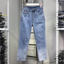 Women's Jeans Light Blue Ankle-length Women Straight 2023 Spring Summer All-match High Waist Drilling Cotton Elastic Denim Pants