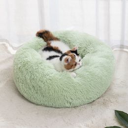 kennels pens Cat Nest Round Soft Shaggy Mat Indoor Dog Bed Pet Supplies Removable Machine Washable Pillow for Small Pets 230907