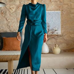 Casual Dresses Women's 2023 Satins Maxi Dress Long Sleeve Cowl Neck Aline Flowy Ruched Belted Cocktail Party Dropship
