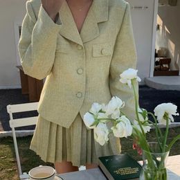 Two Piece Dress Women Vintage Spring Autumn Tweed Blazer and Skirt 2 Two Piece Set Office Outfits Jacket Coat with High Waist Pleated Mini Skirt 230908