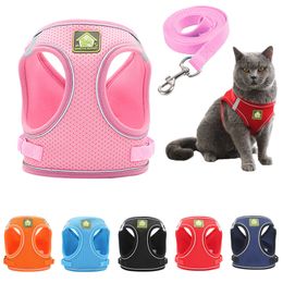 Dog Collars Leashes Reflective Puppy Cat Harness Vest With Walking Lead Leash Adjustable Kitten Collar Polyester Mesh Harness For Small Medium Dogs 230908