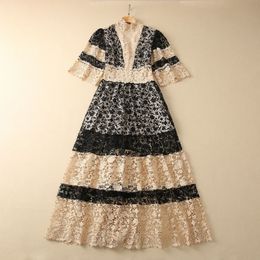 2023 Khaki Floral Lace Embroidery Dress 4/5 Sleeve Stand Collar Panelled Long Maxi Casual Dresses S3F131623 Plus Size XXL