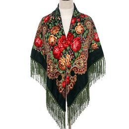 Scarves 135 135cm Women Russian Style Big Square Scarf Shawl Retro Fringed Cotton Print Hijab Wraps Ethnic Shawls Bandana 230908
