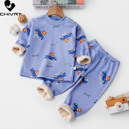 Clothing Sets Kids Boys Thicken Warm Pyjama Cartoon Print ONeck Tops with Pants Baby Girls Autumn Winter Sleeping 230907