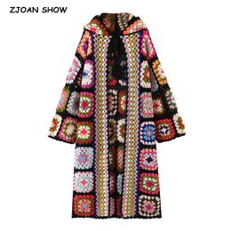 Women's Knits Tees Bohemia Coloured Plaid Flower Hand Crochet Hooded Cardigan Ethnic Woman Bandage Lacing up Midi Long Sweater Beach Jumper 230907